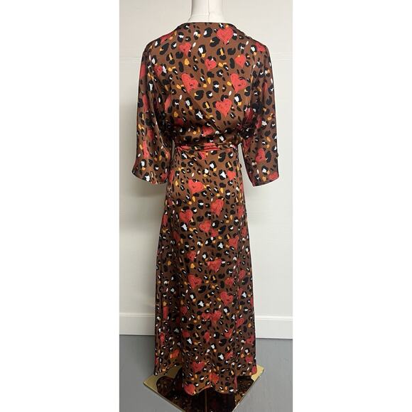 Liquorish Wrap Maxi Dress US 6 Brown Leopard Heart Print Kimono Sleeve Boho - Picture 3 of 7